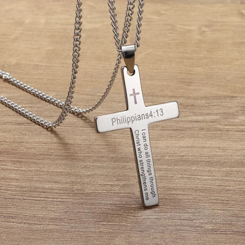 Philippians 4:13 Men's Simple Cross Pendant Necklace Stainless Steel Religious Amulet Jewelry Unisex Bijoux Good Vibrations