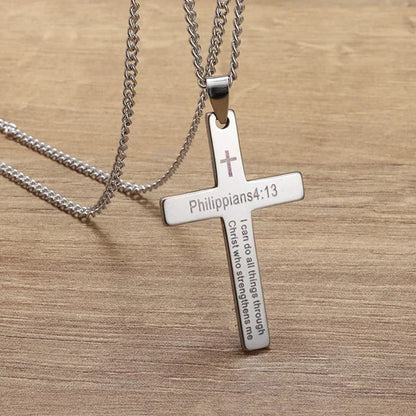 Philippians 4:13 Men's Simple Cross Pendant Necklace Stainless Steel Religious Amulet Jewelry Unisex Bijoux Good Vibrations