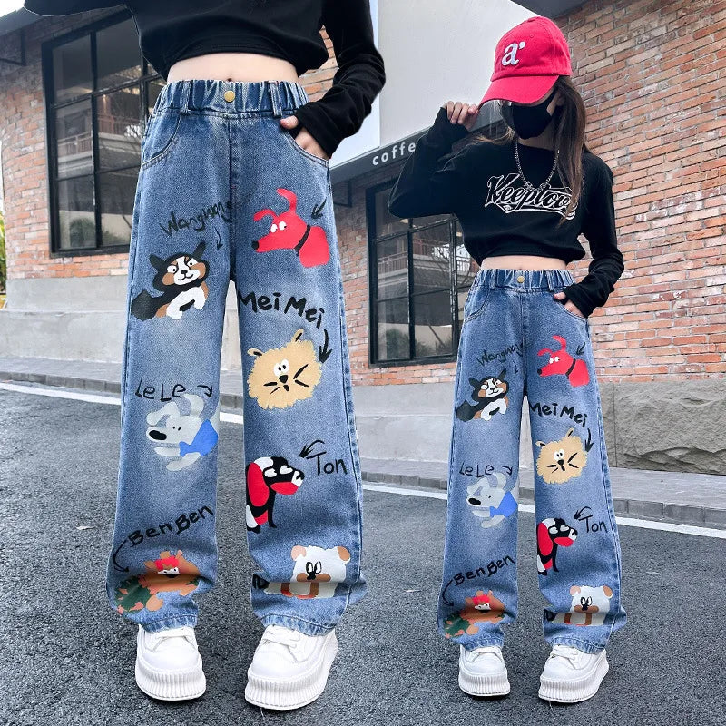 New 2024 Teenage Girls Blue Street Cartoon Print Elastic Mid Waist Loose Denim Jeans Spring Fashion Children Cute Wide Leg Pants Good Vibrations