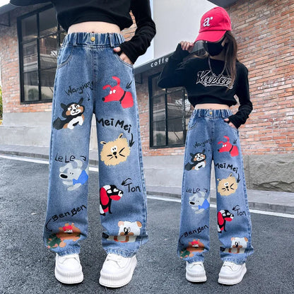 New 2024 Teenage Girls Blue Street Cartoon Print Elastic Mid Waist Loose Denim Jeans Spring Fashion Children Cute Wide Leg Pants Good Vibrations