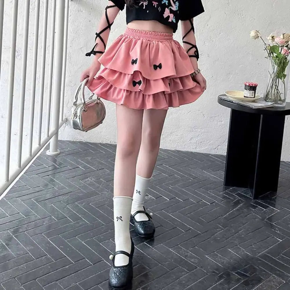 Outfits Y2K Bow Children Cake Skirt Set Pleated Teenagers T-shirt Skirt Suit Sweet Slim Fit Girls Clothes Set Summer Good Vibrations