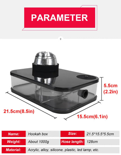 Acrylic smoking hookah with LED light, portable design, measures 21.5x15.5x5.5cm.
