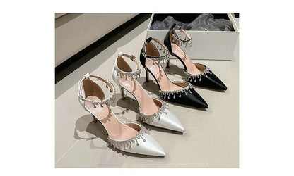 Comemore 2025 White Wedding Bridesmaid Shoes Satin Fashion Rhinestone Fringe Chain High Heels Black Temperament Elegance Pumps Good Vibrations