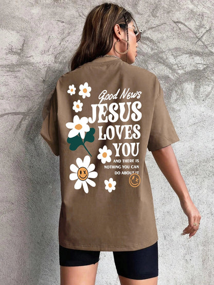 Good News Jesus Loves You Print Women T-Shirt Summer O-Neck T Shirts Basic All-Match Short Sleeve Breathable Comfortable Tops Good Vibrations