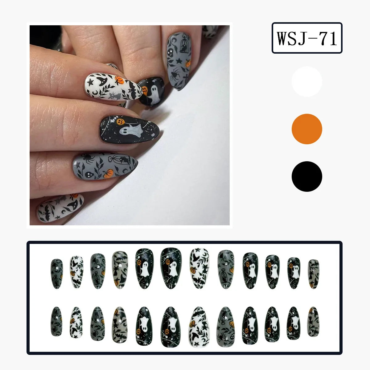 24pcs Pink Long Coffin Fake Nail Tips Halloween Ghost Bat Print Press on Nail Wearable Detachable European Long False Nails Good Vibrations