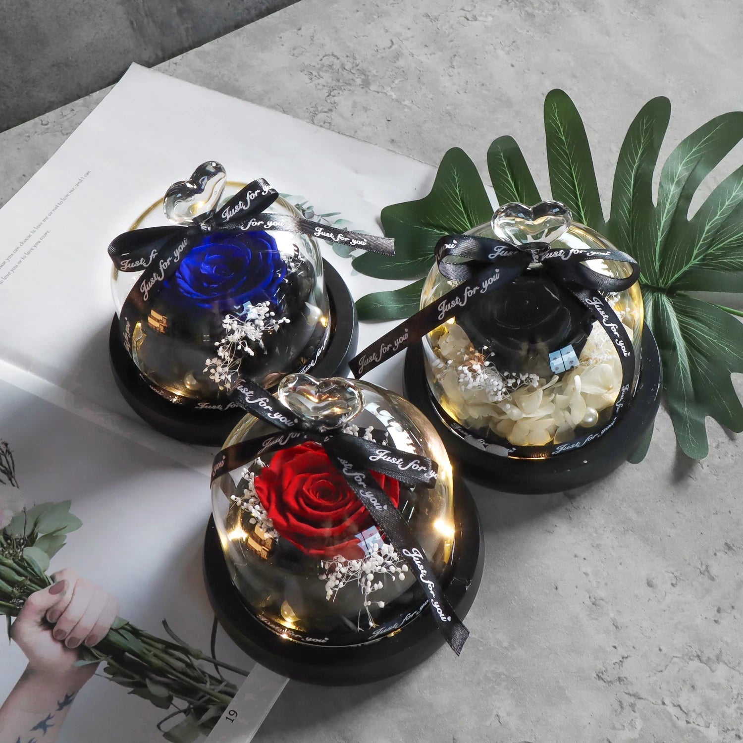 Gifts for Girls Eternal Flowers In Heart Glass Dome with Led Light Forever Preserved Rose Wedding Gift for Mom Women Girlfriend Good Vibrations