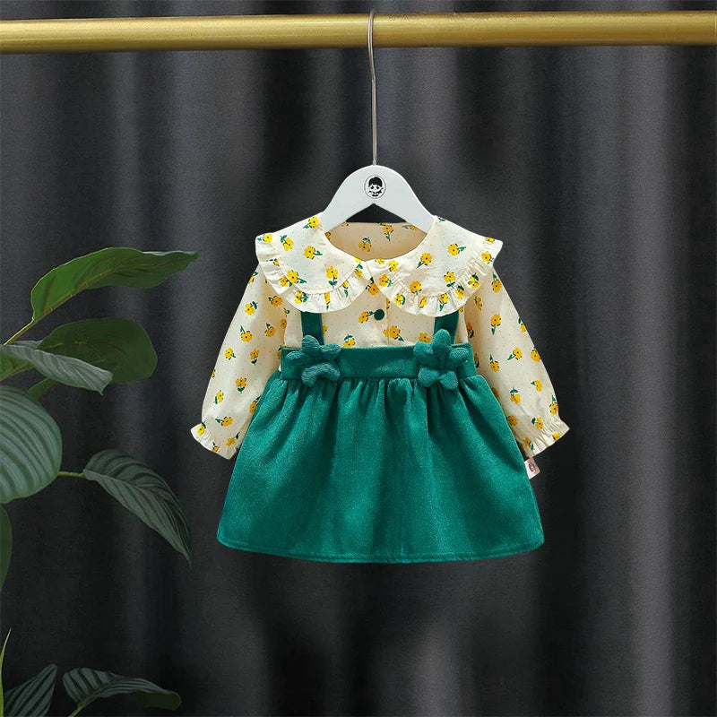 Spring And Autumn Girls' New Shoulder Strap Long Sleeve Dress, Baby Girl's Big Collar 3d Splicing Flower Sweet Children's Skirt Good Vibrations