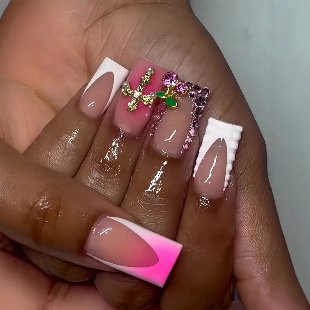 24pcs Glossy Black Fake Nails For Spicy Girls Shimmery Rhinestone French Style Cross Press On Nail Mid-length Coffin Cool Nails Good Vibrations