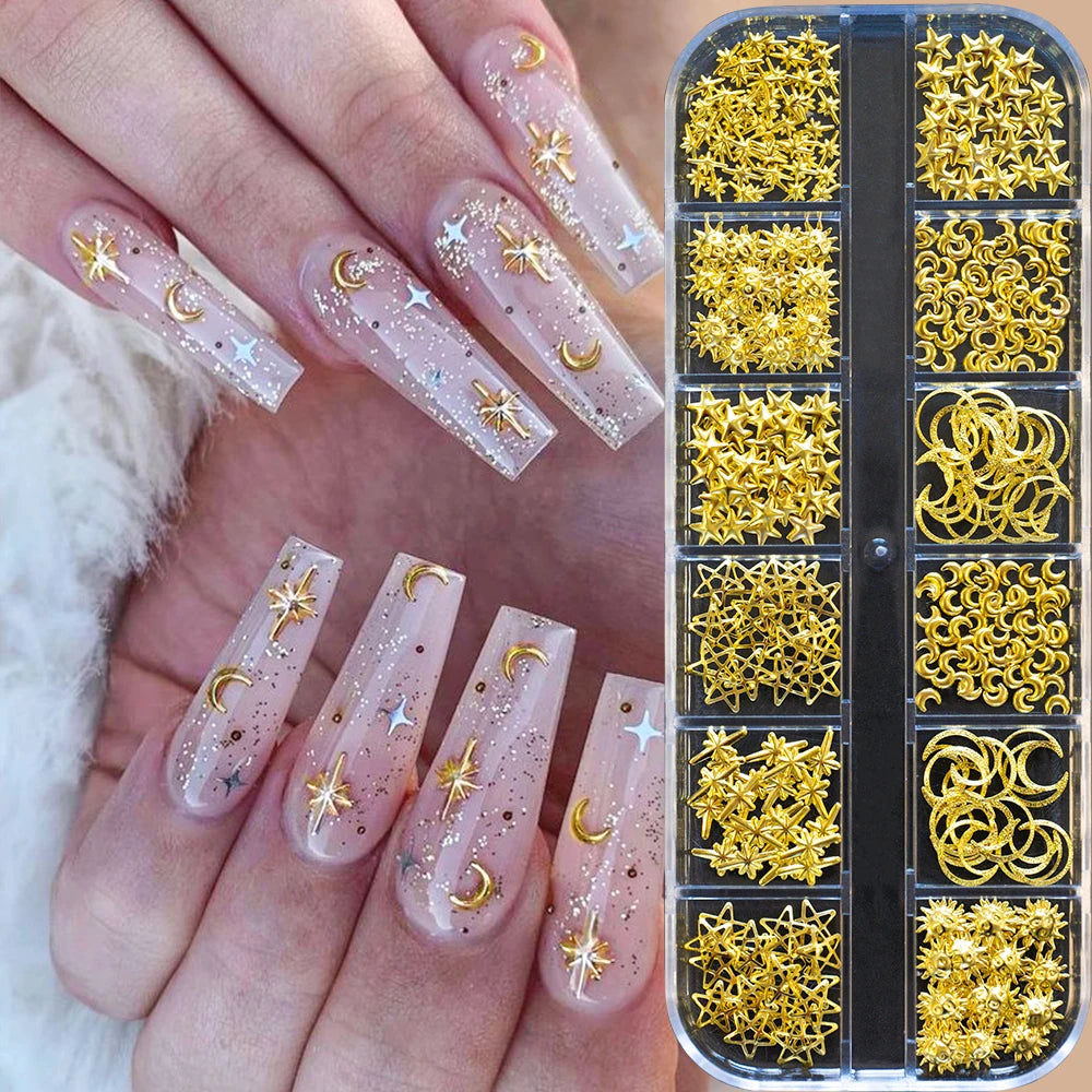 12Grid 3D Gold Ocean Rivet Nail Charms Mixed Seahorsea/Starfish /Conch Pearl/Mini Caviar Beads/Rhinestone Nail Jewery Decoration Good Vibrations