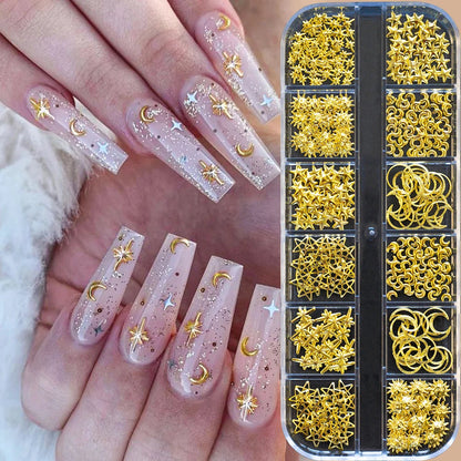 12Grid 3D Gold Ocean Rivet Nail Charms Mixed Seahorsea/Starfish /Conch Pearl/Mini Caviar Beads/Rhinestone Nail Jewery Decoration Good Vibrations