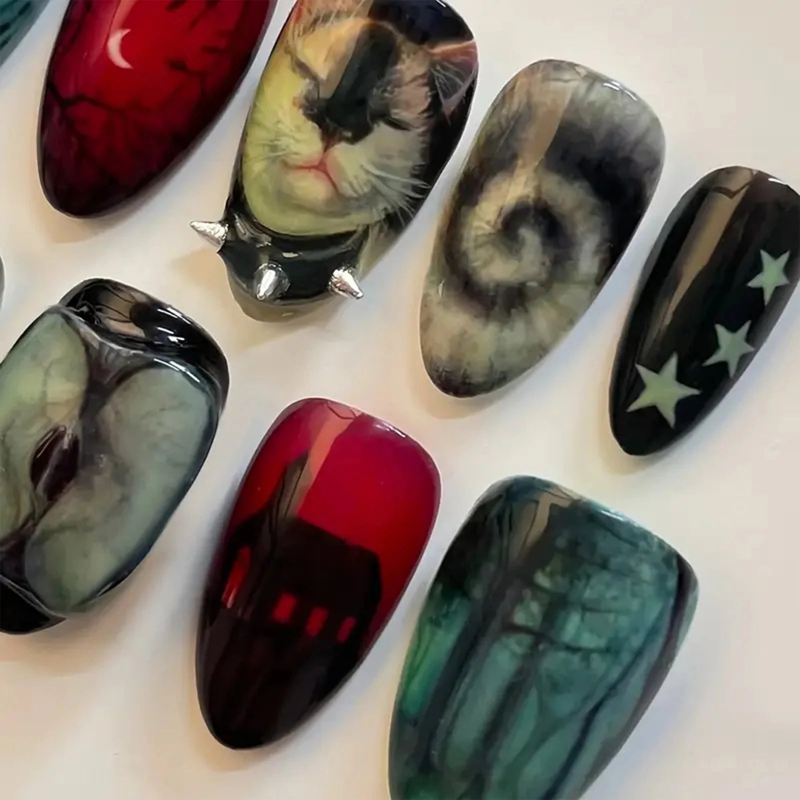 10pcs Dark Black Style Handmade Fake Nails Y2k Star Horor Foreat Designs Press On Nails Halloween Wearable Almond False Nail Good Vibrations