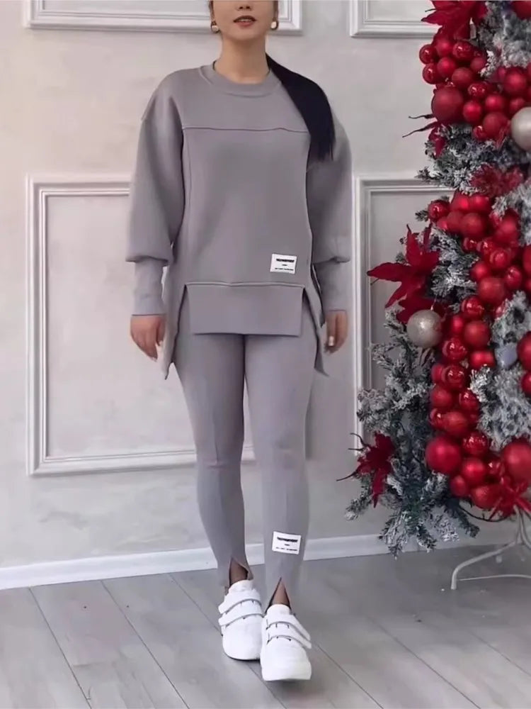 Women's Casual Sweatshirt Sports Set Autumn Winter Fashion Solid Loose Irregular Sweatshirt Top And Slim Trouser Two Piece Sets Good Vibrations