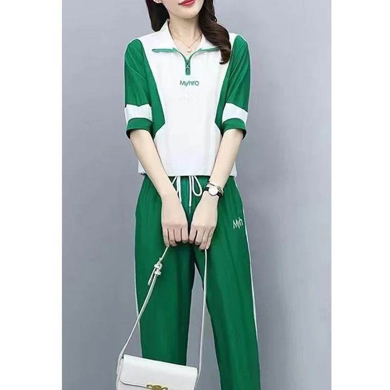 2 Piece Sets Women 2024 Summer Fashion Contrast Color Half Zipper Short Sleeve Tops Casual Pockets Sports Joggers Pants Outfits Good Vibrations