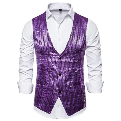 Gold Men's Sequin Vest Jacket, Single-breasted V-neck Sleeveless Vests Coat, Wedding Party Waistcoat Silver Blue Purple Red Tops