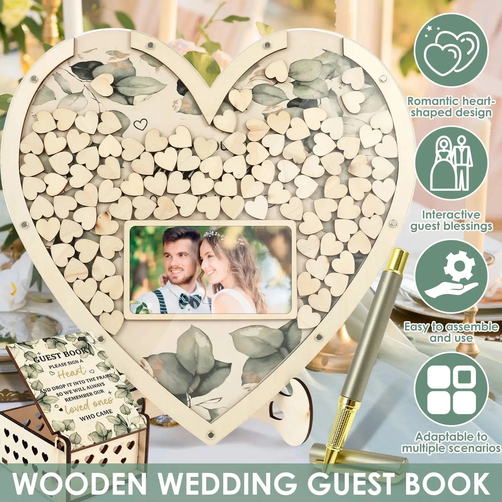 Wooden Wedding Guest Book Heart Shaped Guest Book Wedding Reception Personalized Nuptial Attendee Board Decoration for Reception Good Vibrations