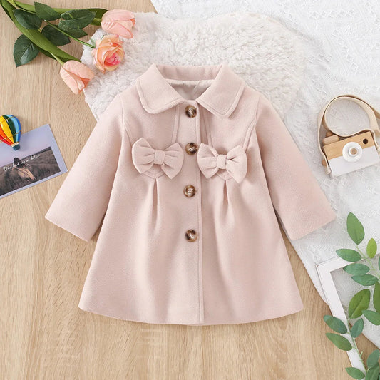 Girl'S Coat For Spring And Autumn Baby Girl Solid Color Two Bows Single Breasted Decoration Casual Windbreaker Jacket Good Vibrations