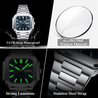 POEDAGAR Luxury Square Fashion Man Wristwatch Waterproof Luminous Date Week Quartz Men's Watches Stainless Steel Men Watch Reloj Good Vibrations