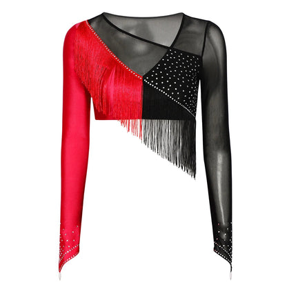 Women Lyrical Dance Outfit Set Modern Contemporary Dancewear Tassel Long Sleeve Mesh Crop Top with Skirted Leotard Ballet Outfit Good Vibrations