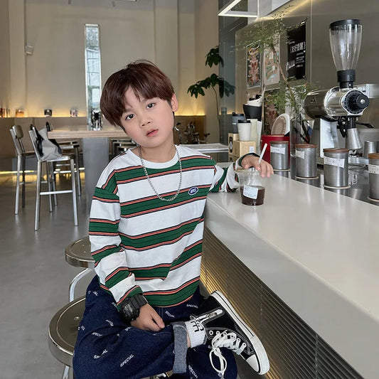 2025 autumn Children Clothes Girls Long Sleeves Bottoming Shirts Cool Boys Stripe Cotton T-shirt Teen Loose Casual 2-7y Kids Top Good Vibrations