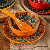 Ceramic Tableware Set Three-Piece Household Rice Bowl Plate Spoon Set Restaurant Hot Pot Barbecue Shop Commercial Good Vibrations