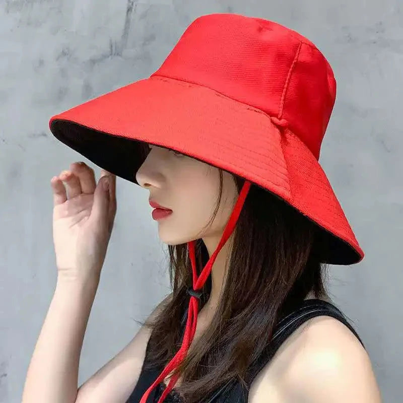 Summer Women Double-sided Bucket Hats Fashion Big Brim Foldable Solid Sun Hat Outdoor Beach Visor Caps Fisherman Cap for Travel Good Vibrations