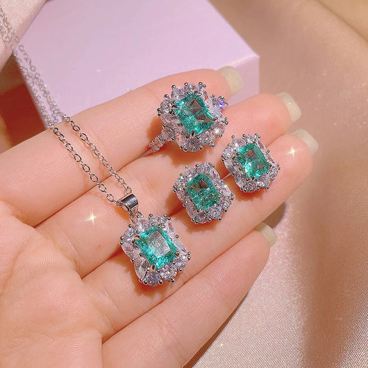 New Paraiba Women's Jewelry Set Princess Bling Bling Zircon Stud Earrings Pendant Adjustable Ring Three Piece Set Party Gift Good Vibrations