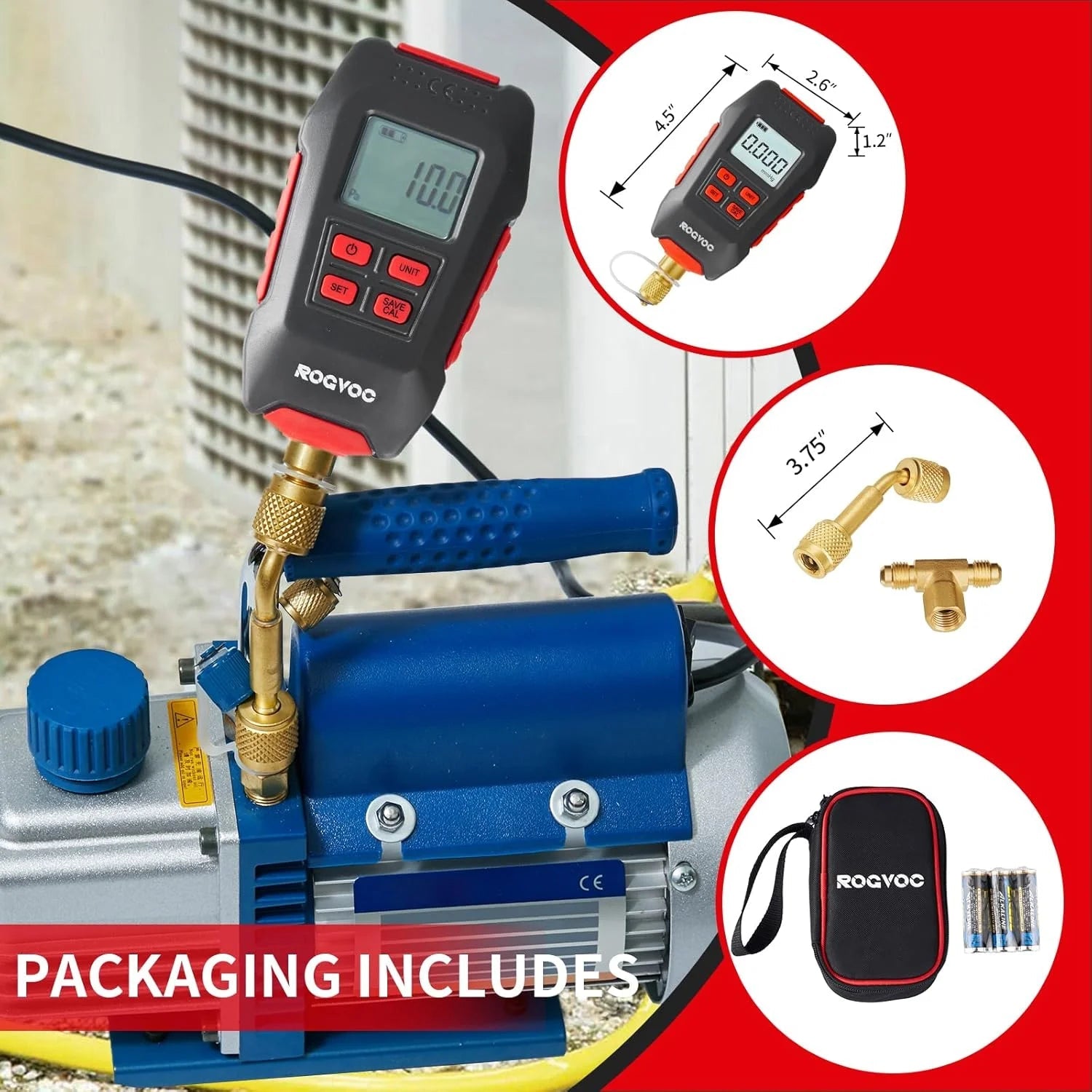 RV-VG90 Digital Vacuum Gauge, HVAC Micron Vacuum Gauge Tester, Digital Vacuum Micron Gauge Set with Buzzer Alarm Good Vibrations