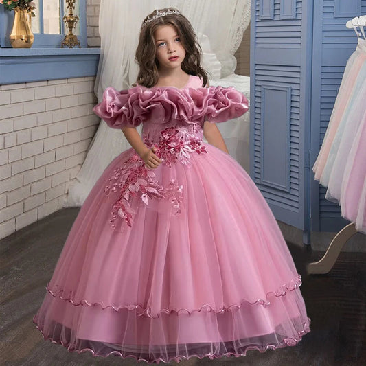 New Elegant Girl Party Dress Long Wedding Bridesmaid Dress 4-13 Year Old Mesh Embroidered Graduation Ball Evening Dress Good Vibrations