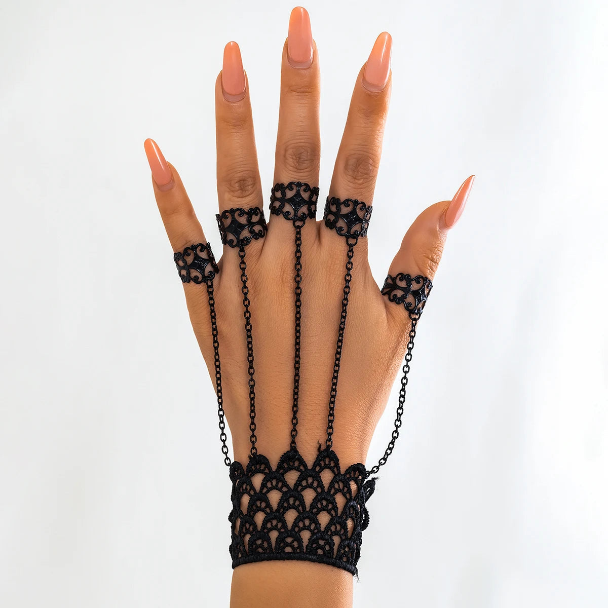 Creative Vintage Black Lace Finger Wrist Chain Rings Bracelets for Women Metal Connecting Hand Harness Bangles Halloween Jewelry Good Vibrations