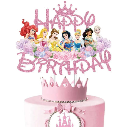 Princess Cake Toppers for Girls Birthday Cake Decoration Cinderella Mermaid Rapunzel Cake Toppers Pink Glitter Cake Flag Good Vibrations