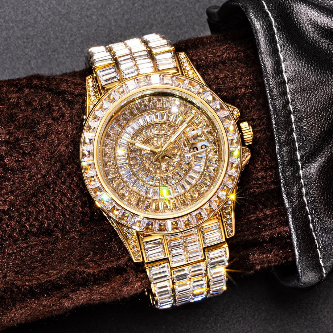 Full Iced Out Watches For Men Luxury Handmade Mosaic Diamond Silver Steel Watch Fashion Hip Hop Silver Automatic Date Male Clock Good Vibrations