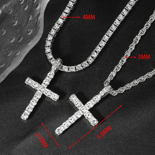Hip Hop Iced Out Cross Pendant Necklace Strap 4mm Zircon Tennis Chain Men Women Sparkling Necklace Punk Jewelry Fashion Gift Good Vibrations
