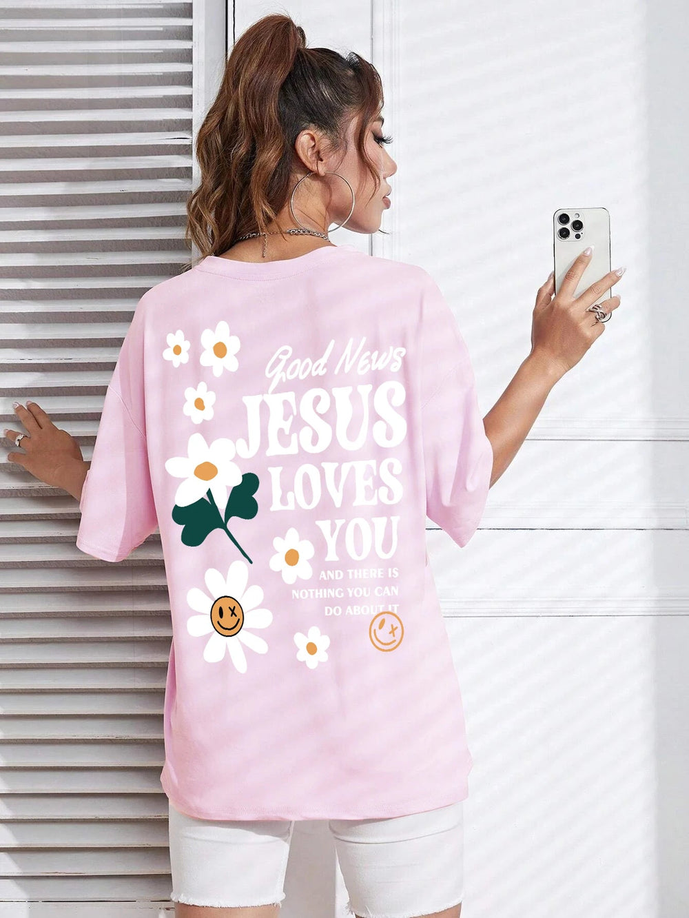 Good News Jesus Loves You Print Women T-Shirt Summer O-Neck T Shirts Basic All-Match Short Sleeve Breathable Comfortable Tops Good Vibrations