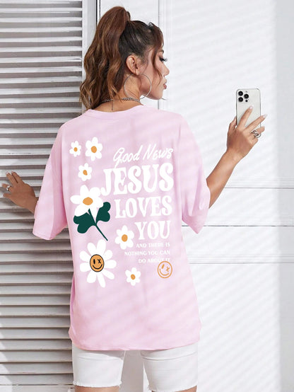 Good News Jesus Loves You Print Women T-Shirt Summer O-Neck T Shirts Basic All-Match Short Sleeve Breathable Comfortable Tops Good Vibrations