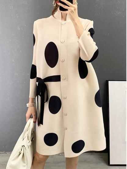 2025 Miyake Stand Collar Pleated Dress Autumn Single Breasted Drawstring Dot Printing Festival Clothing Women Elegant Good Vibrations