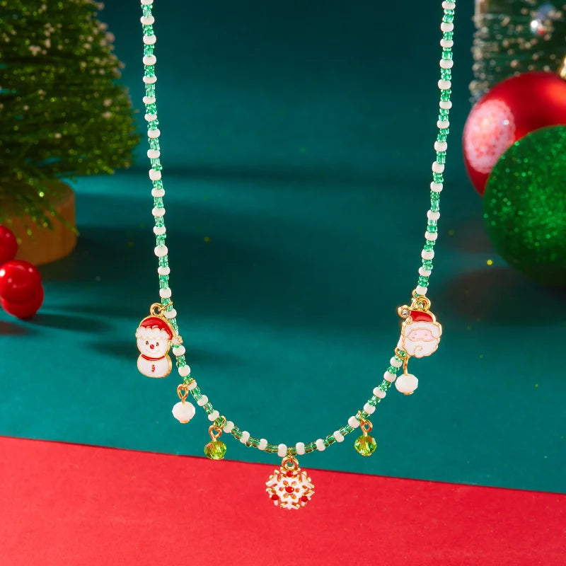 Christmas Necklaces for Women Girls Handmade Rice Beads X'mas Tree Santa Claus Snowman Gift Necklace Pendant New Year Jewelry Good Vibrations