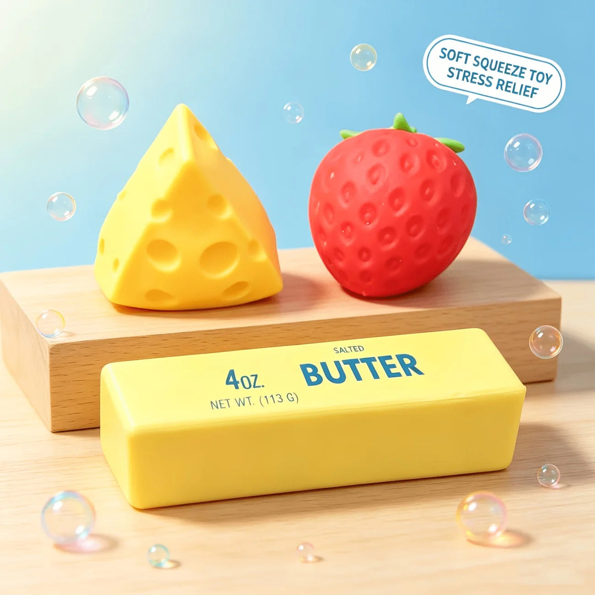3Pcs Party Fidget Squishy Toy Set, Strawberry Cheese & Butter Squishies, Realistic Soft Sensory Squeeze Toys, Birthday Gifts Good Vibrations
