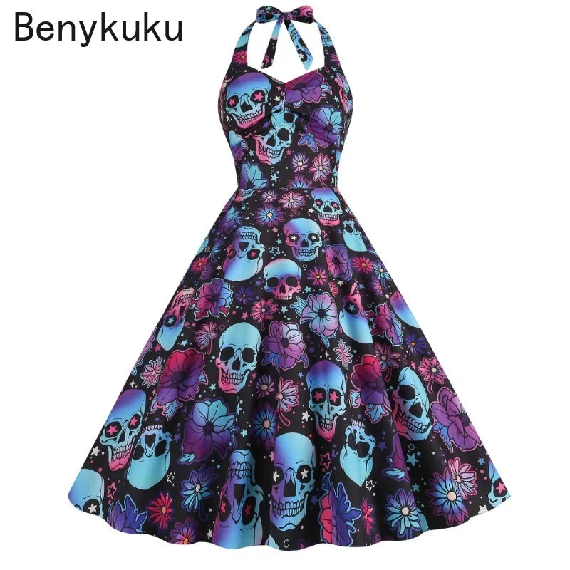 Halloween Costumes for Women Skull Print Halter Dress Sleeveless Tunic Vintage Party Dresses Goth Clothes Masquerade Vestidos Good Vibrations
