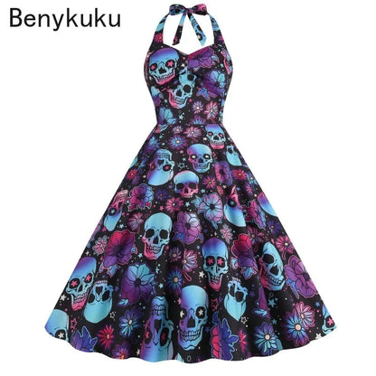 Halloween Costumes for Women Skull Print Halter Dress Sleeveless Tunic Vintage Party Dresses Goth Clothes Masquerade Vestidos Good Vibrations