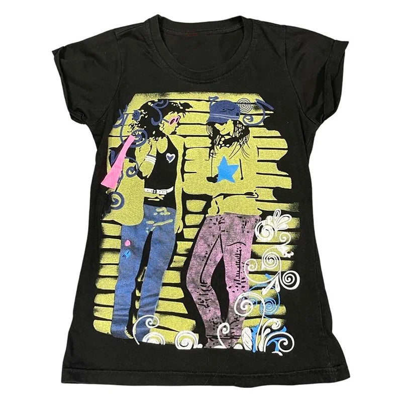 Aesthetic Emo y2k tops Summer Baby Tees Tops Streetwear Gothic Harajuku Graphic Cool Girl T-shirt Vintage Crop Tops Wome clothes Good Vibrations