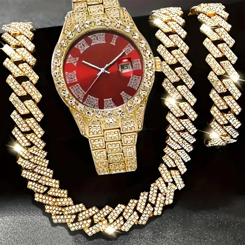 4pcs/set Mens Bling Wrist Watch & Hip Hop Cuban Chain Necklace Set - Rhinestone Accented, Round Dial, Electronic Quartz Movement Good Vibrations