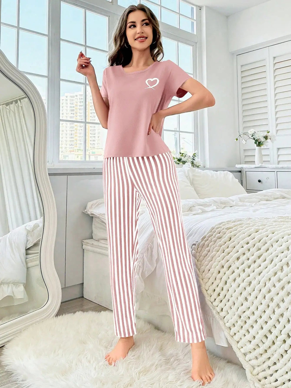 Women's pajamas new style love short sleeve striped pants two-piece elegant casual home outfit Good Vibrations