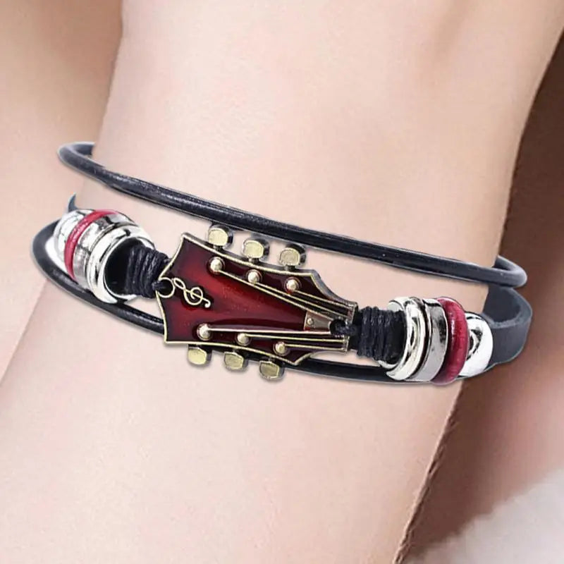 Punk Style Braided Guitar Bracelet Zinc Alloy Adjustable Buckle Manual Woven Faux Leather 3-Layered Punk Retro Wrist Jewelry Good Vibrations