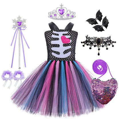 Halloween Kids Dress Cosplay Heart Print Skeleton Costumes Girls Floral Skull Tutu Clothes Children Carnival Performance Outfits Good Vibrations