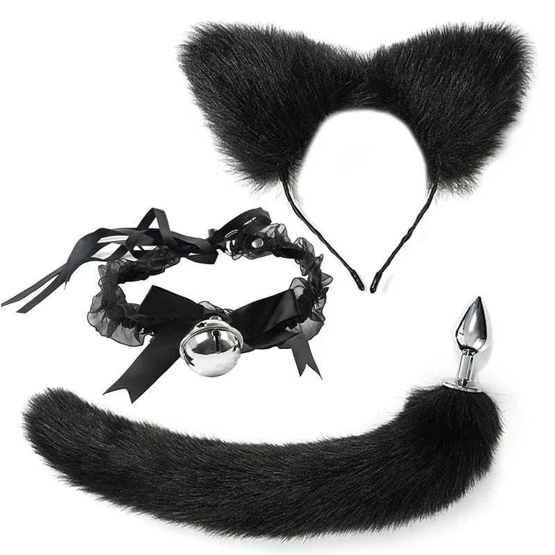 VaHppy SM BDSM Sex Toy Sets role-playing Fox 5pcs/lot Plush Anal Plug Tail Bell Collar Mouth Plugs White/Black/Pink Couple games GOOD Vibrations