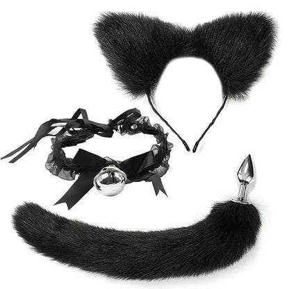 VaHppy SM BDSM Sex Toy Sets role-playing Fox 5pcs/lot Plush Anal Plug Tail Bell Collar Mouth Plugs White/Black/Pink Couple games GOOD Vibrations