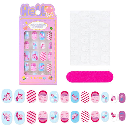 24Pcs/box Kids nails for Girl Cartoon Pattern False Nail Cute Child Fake Nails Tips Kawaii Acrylic Artificial Press on Nail+Tool Good Vibrations