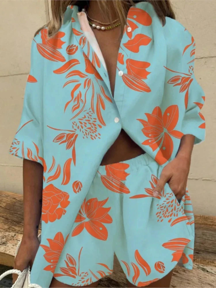 Two Piece Short Sets Women Summer Casual Print Short Sleeve Shirts 2 Piece Set Shorts Fashion Loose Office Shirts Suit Outfites Good Vibrations