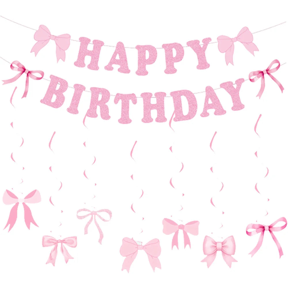 Pink Banner Happy Birthday Bow Balloon Straw Disposable Paper Plate Napkin Cup Tableware Princess Girl Birthday Party Supplies Good Vibrations