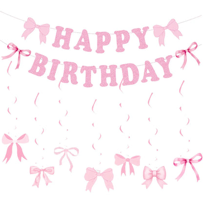 Pink Banner Happy Birthday Bow Balloon Straw Disposable Paper Plate Napkin Cup Tableware Princess Girl Birthday Party Supplies Good Vibrations
